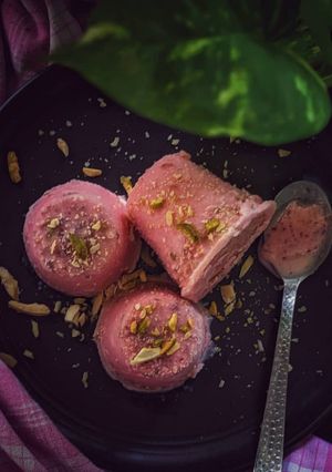 A picture of Rose flovored nutty malai kulfi recipe.