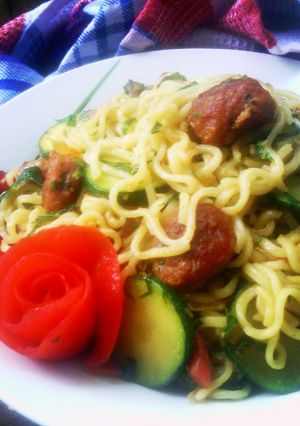 A picture of Stir fry sausage Noodles.