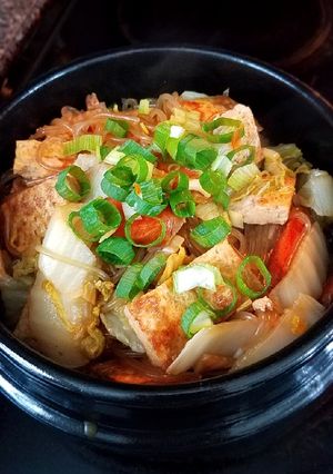 A picture of Braised tofu, Napa and vermicelli in a stonepot 豆腐粉丝白菜煲.