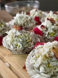 A picture of Rose-pistachio-coconut truffles.