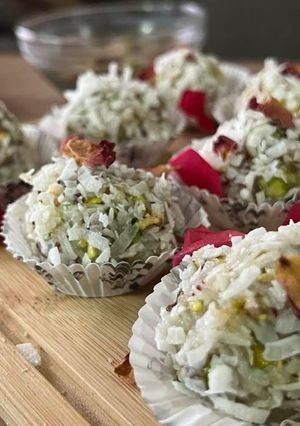 A picture of Rose-pistachio-coconut truffles.
