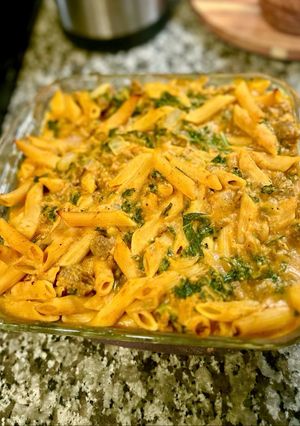A picture of Sausage and Sage Pumpkin Pasta Bake.