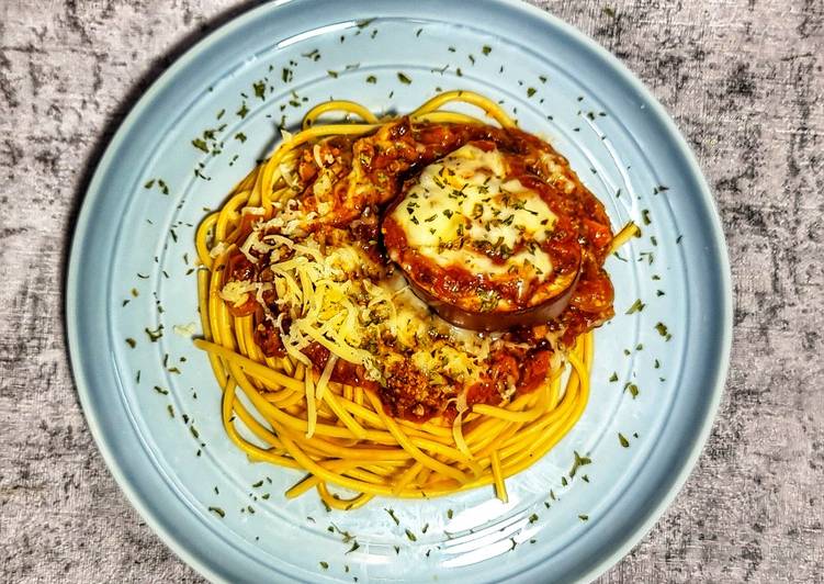 Cara Gampang Menyiapkan Spaghetti Bolognese  with Baked Eggplant Anti Gagal