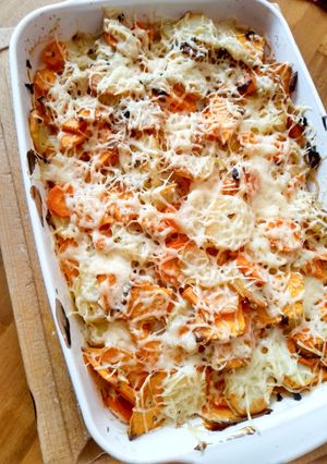 A picture of Potato, Sweet Potato, and Carrot Gratin.