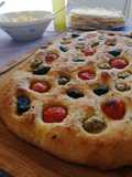 Super Soft Focaccia with Sourdough Starter, Cherry Tomatoes, and Olives