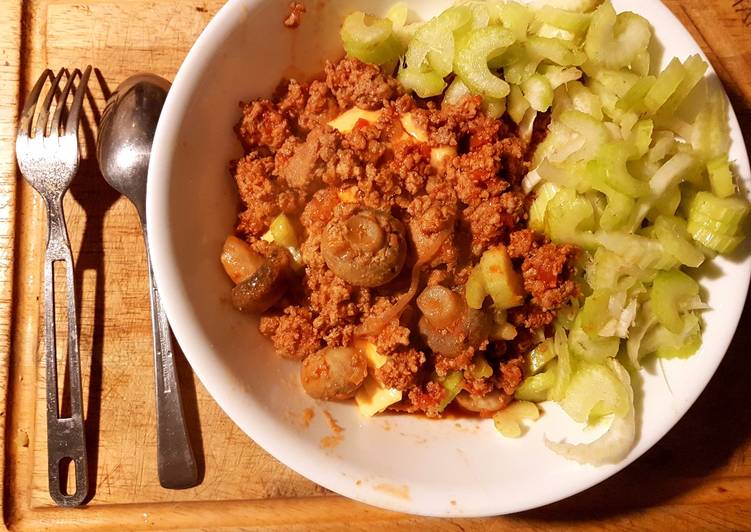 Steps to Prepare Ultimate Sweet sour Mushroom mince meat served with cheese and celery toppings