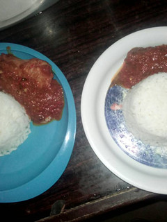 A picture of White rice with chicken stew.