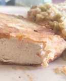 Escalopes veganos de tofu con arroz con panceta (v) y arvejas