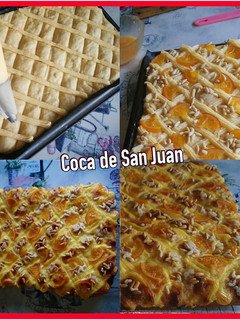 Una foto de Coca de San Juan de Naranja confitada, crema pastelera y piñones
