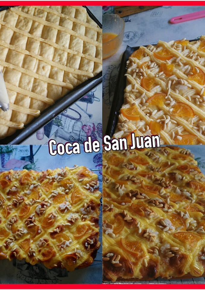 Una foto de Coca de San Juan de Naranja confitada, crema pastelera y piñones