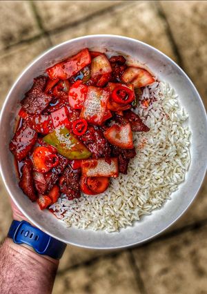 A picture of Szechuan Beef w/ Rice.