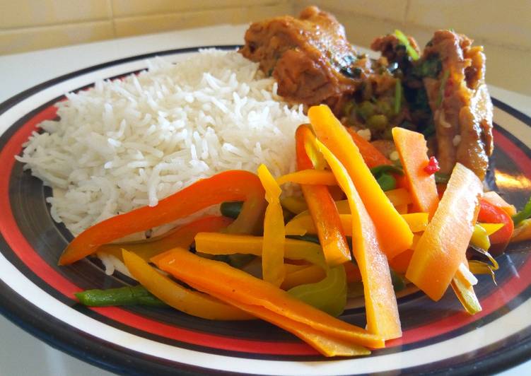 Simple Way to Make Quick Coconut Chicken Served With Rice and Stir-Fry Vegetables