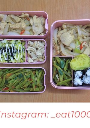 Hình của món Day 29 : Gà xào hành tây, đậu côve xào cà chua, cơm độn_eat1000.