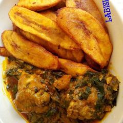 A picture of Fried plantain with garden egg sauce.