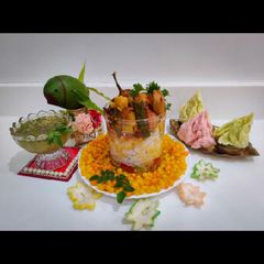 A picture of Sindhi special Kadhi Chawal,Sweet Boondi and Kairipanna.