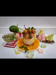 A picture of Sindhi special Kadhi Chawal,Sweet Boondi and Kairipanna.