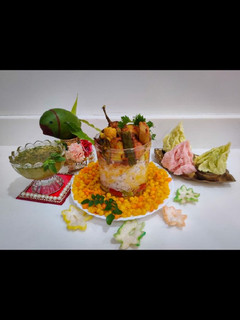 A picture of Sindhi special Kadhi Chawal,Sweet Boondi and Kairipanna.