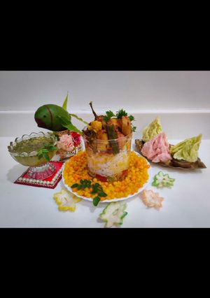 A picture of Sindhi special Kadhi Chawal,Sweet Boondi and Kairipanna.