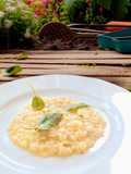 Risotto with Butter and Sage in Chicken Broth with Onion Purée