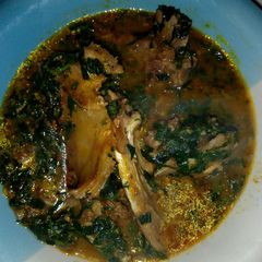 A picture of Ogbono Soup with Pumpkin leaves.