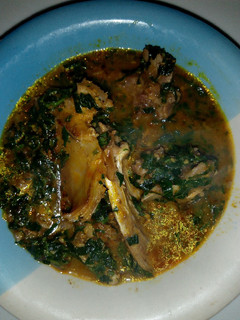 A picture of Ogbono Soup with Pumpkin leaves.
