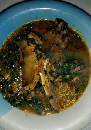 A picture of Ogbono Soup with Pumpkin leaves.