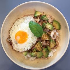 A picture of Chicken & Avocado on Rice + Fried egg.