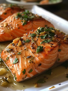 Una foto de Salmón con papas hervidas y camarones