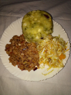 A picture of Mokimo,Soy minced chunks served with salad.
