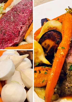 A picture of Holiday Wagyu Eye of Round Roast with Vegetables.
