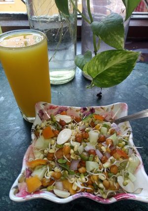 A picture of Sprouts with mango juice.