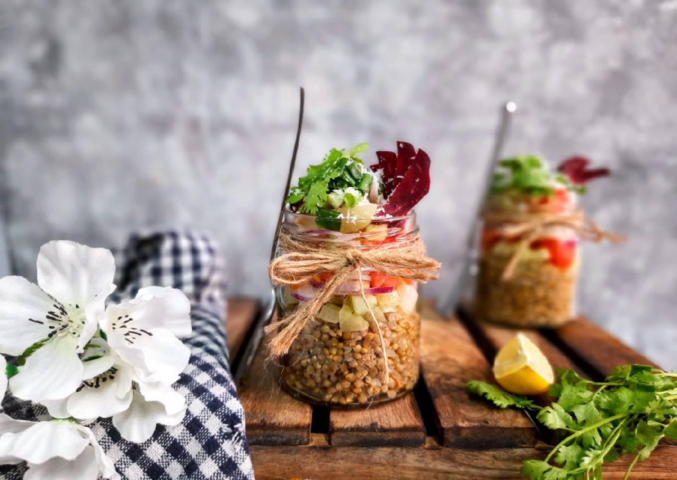 Pearl Millet salad, Indian salsa and Curry leaves scented oil