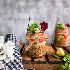 Pearl Millet salad, Indian salsa and Curry leaves scented oil A picture of Pearl Millet salad, Indian salsa and Curry leaves scented oil.