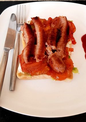 A picture of My Avocado, Soft Cheese, Sausage & Tomato Toast 😉.