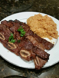 A picture of Brad's teriyaki grilled short ribs with coconut curry rice.