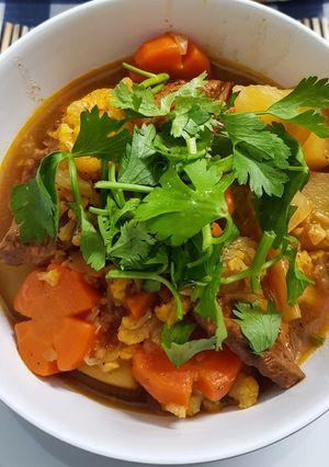 A picture of Vegetarian Beef Stew Pho with Vegetables.
