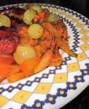 Chistorra sobre patatas, calabaza y uvas Moscatel