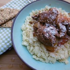 A picture of Greek Beef Stew with Homemade Noodles (Moscharaki Kokkinisto me Xylopittes).