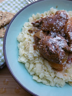 A picture of Greek Beef Stew with Homemade Noodles (Moscharaki Kokkinisto me Xylopittes).