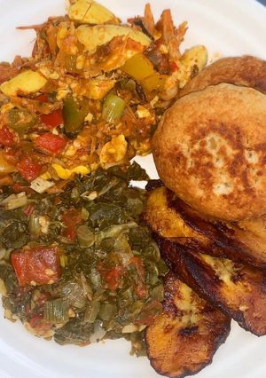 A picture of Vegan Caribbean Bowl (Ackee N Jackfruit, Callaloo, Plantain).