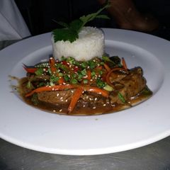 A picture of Stir-Fry Beef Teriyaki With Red Pepper Risotto.