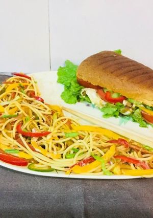A picture of Subway Style Sandwitch WithSpaghetti.