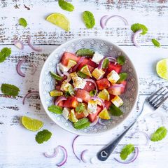 A picture of Watermelon and Feta cheese salad.