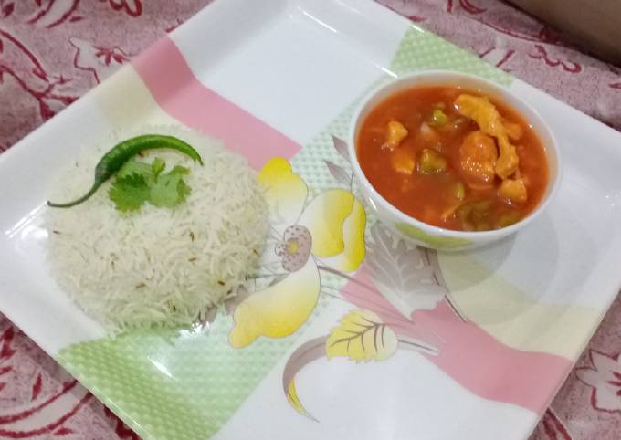 Recipe of Quick Chicken shashlik gravy with garlic zeera fried rice