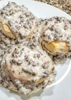 A picture of Biscuits and Sausage Gravy.
