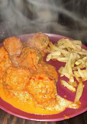 A picture of Textured Soy Meatballs with Homemade Tomato Sauce.