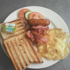 A picture of B. E. S. T (bacon,egg fried,sausage,toast bread).