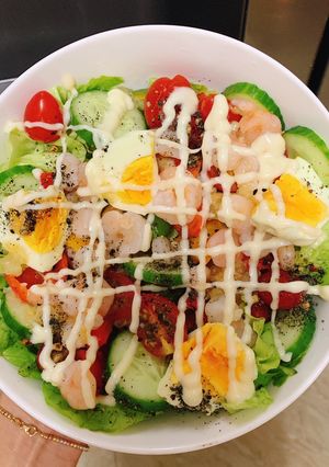 A picture of Shrimp and Egg Salad for Lunch.