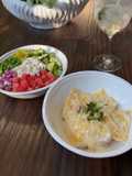 Four Cheese Ravioli with Alfredo Sauce and Grecian Salad