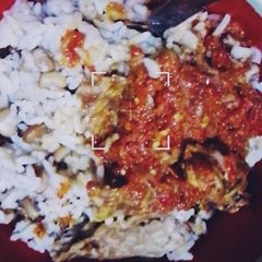 A picture of Rice and beans with stew.